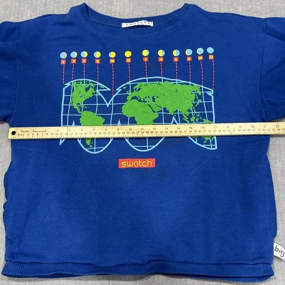 vintage 80's swatch watch sweatshirt blue pocket M (21" Pit To Pit) Graphic USA - Picture 6 of 14